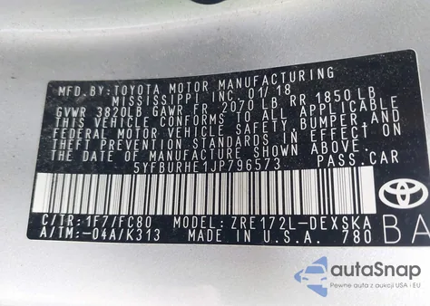 2018 Toyota Corolla Se from USA, damaged, VIN 5YFBURHE1JP796573